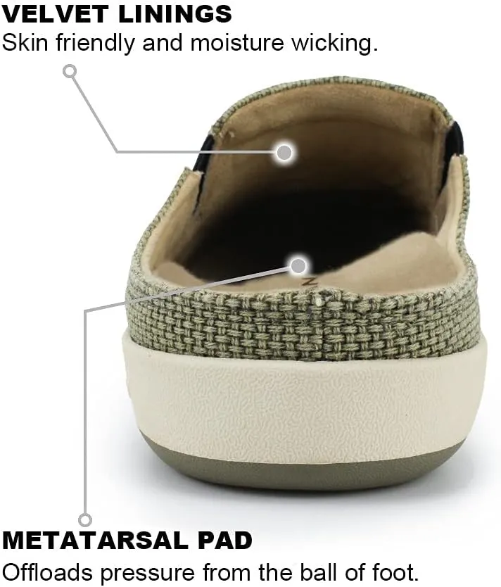 Mens Slippers with Arch Support, Canvas House Slipper for Men with Velvet Lining, Slip On Clog, Indoor Outdoor House Shoes with Anti-Skid Rubber Sole