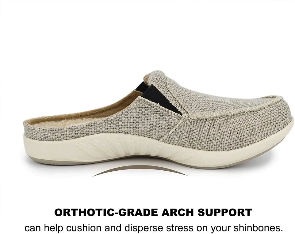 Mens Slippers with Arch Support, Canvas House Slipper for Men with Velvet Lining, Slip On Clog, Indoor Outdoor House Shoes with Anti-Skid Rubber Sole