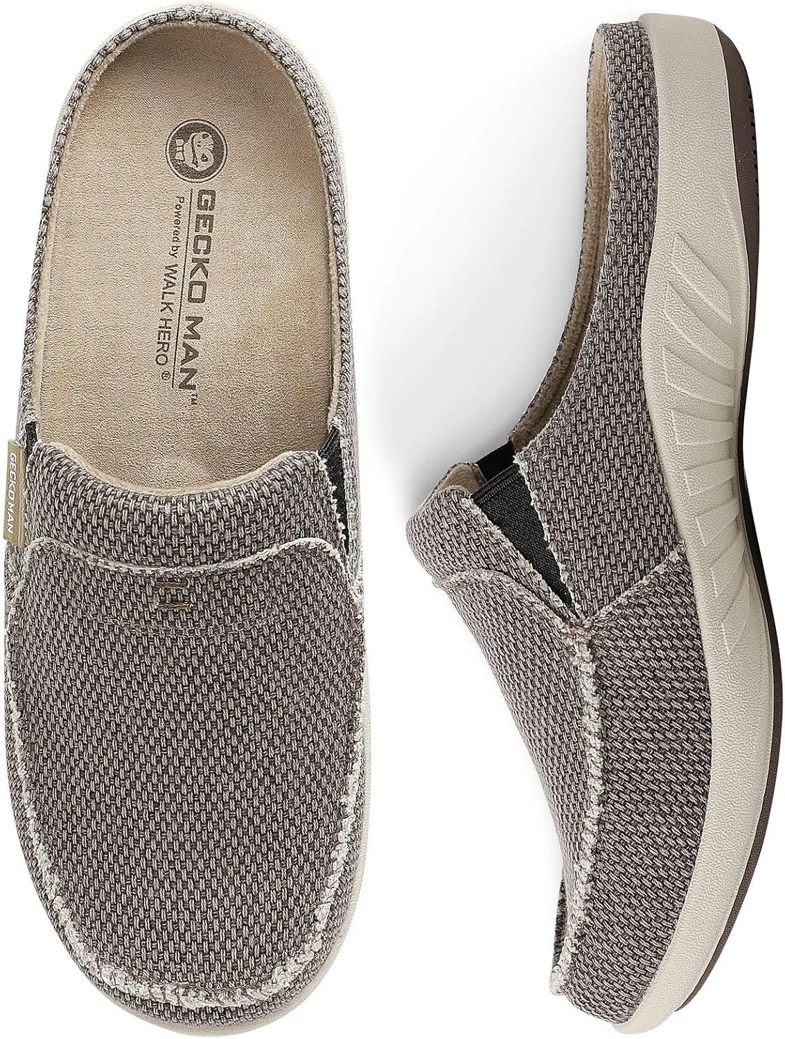 Mens Slippers with Arch Support, Canvas House Slipper for Men with Velvet Lining, Slip On Clog, Indoor Outdoor House Shoes with Anti-Skid Rubber Sole