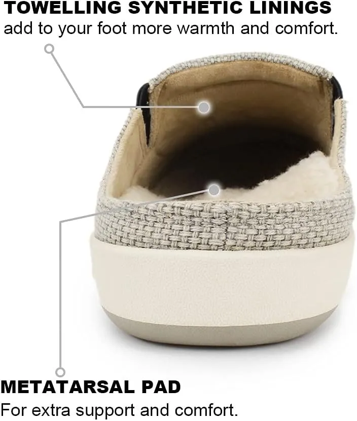 Mens Slippers with Arch Support, Canvas House Slipper for Men with Velvet Lining, Slip On Clog, Indoor Outdoor House Shoes with Anti-Skid Rubber Sole