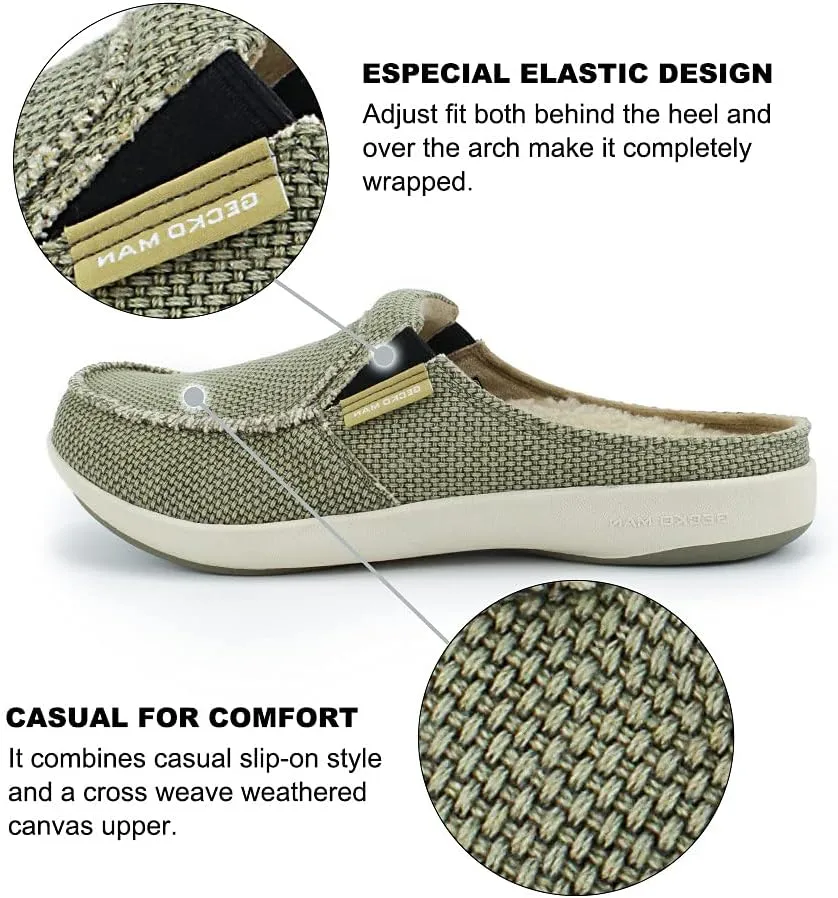 Mens Slippers with Arch Support, Canvas House Slipper for Men with Velvet Lining, Slip On Clog, Indoor Outdoor House Shoes with Anti-Skid Rubber Sole