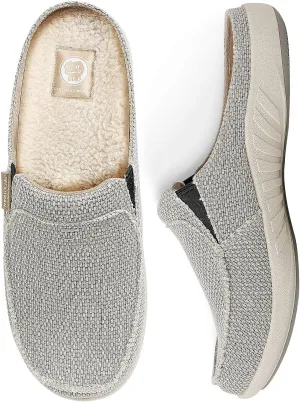 Mens Slippers with Arch Support, Canvas House Slipper for Men with Velvet Lining, Slip On Clog, Indoor Outdoor House Shoes with Anti-Skid Rubber Sole