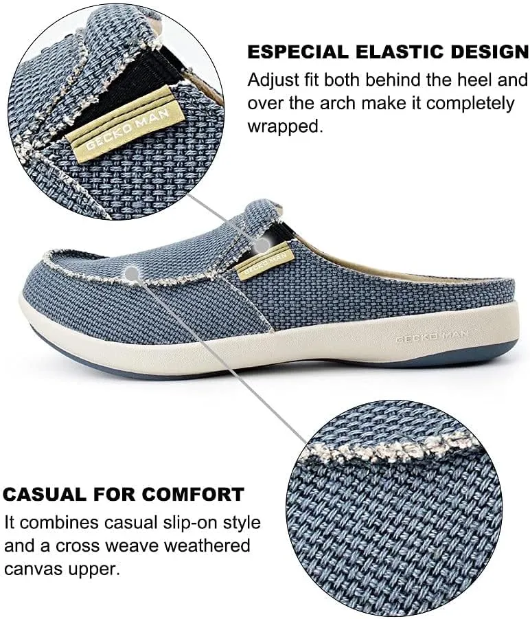 Mens Slippers with Arch Support, Canvas House Slipper for Men with Velvet Lining, Slip On Clog, Indoor Outdoor House Shoes with Anti-Skid Rubber Sole