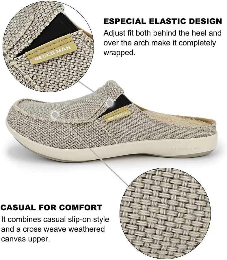Mens Slippers with Arch Support, Canvas House Slipper for Men with Velvet Lining, Slip On Clog, Indoor Outdoor House Shoes with Anti-Skid Rubber Sole