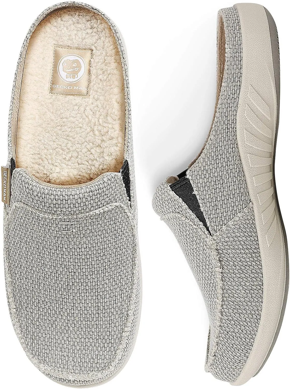 Mens Slippers with Arch Support, Canvas House Slipper for Men with Velvet Lining, Slip On Clog, Indoor Outdoor House Shoes with Anti-Skid Rubber Sole
