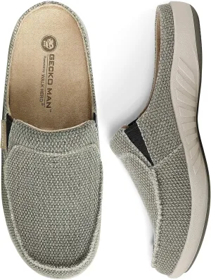 Mens Slippers with Arch Support, Canvas House Slipper for Men with Velvet Lining, Slip On Clog, Indoor Outdoor House Shoes with Anti-Skid Rubber Sole