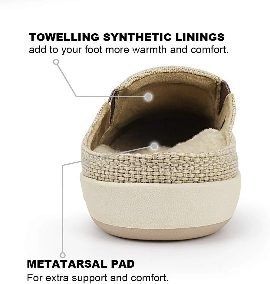 Mens Slippers with Arch Support, Canvas House Slipper for Men with Velvet Lining, Slip On Clog, Indoor Outdoor House Shoes with Anti-Skid Rubber Sole