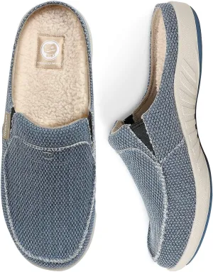 Mens Slippers with Arch Support, Canvas House Slipper for Men with Velvet Lining, Slip On Clog, Indoor Outdoor House Shoes with Anti-Skid Rubber Sole
