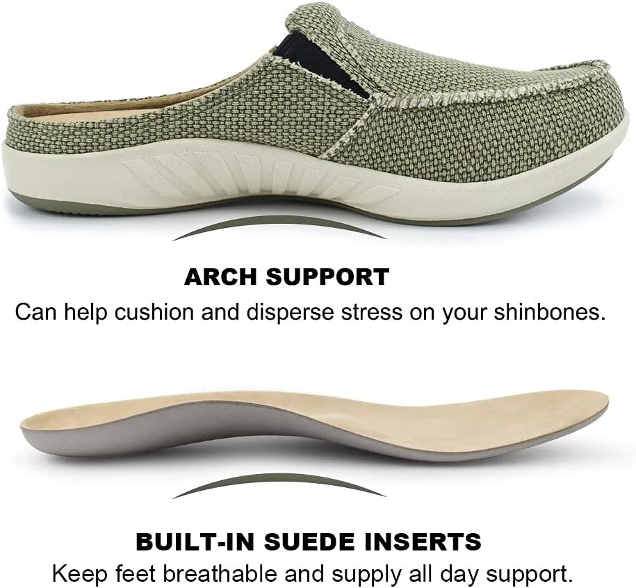Mens Slippers with Arch Support, Canvas House Slipper for Men with Velvet Lining, Slip On Clog, Indoor Outdoor House Shoes with Anti-Skid Rubber Sole