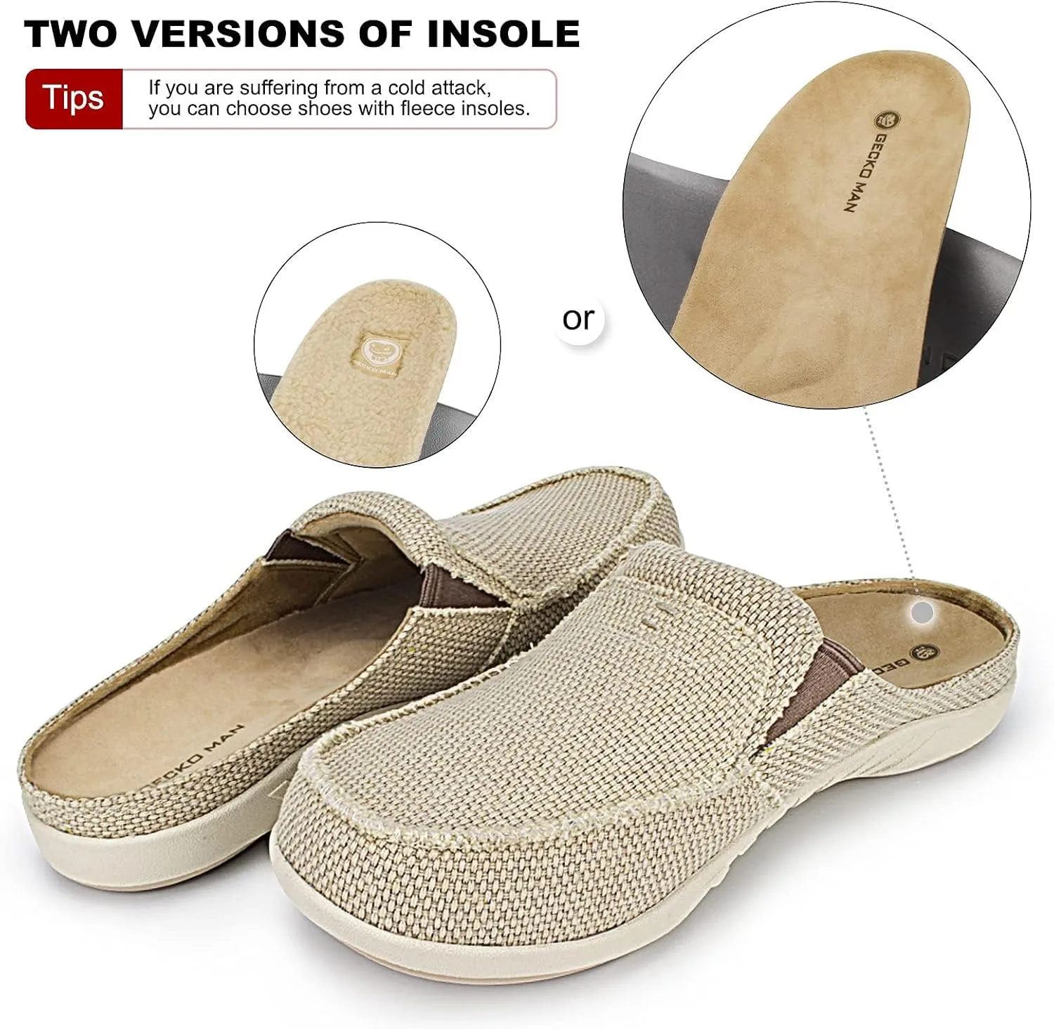 Mens Slippers with Arch Support, Canvas House Slipper for Men with Velvet Lining, Slip On Clog, Indoor Outdoor House Shoes with Anti-Skid Rubber Sole