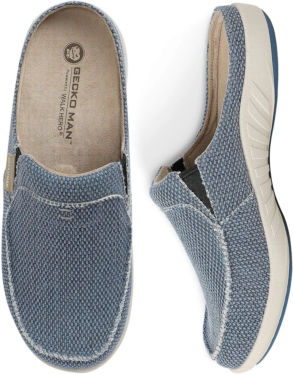 Mens Slippers with Arch Support, Canvas House Slipper for Men with Velvet Lining, Slip On Clog, Indoor Outdoor House Shoes with Anti-Skid Rubber Sole