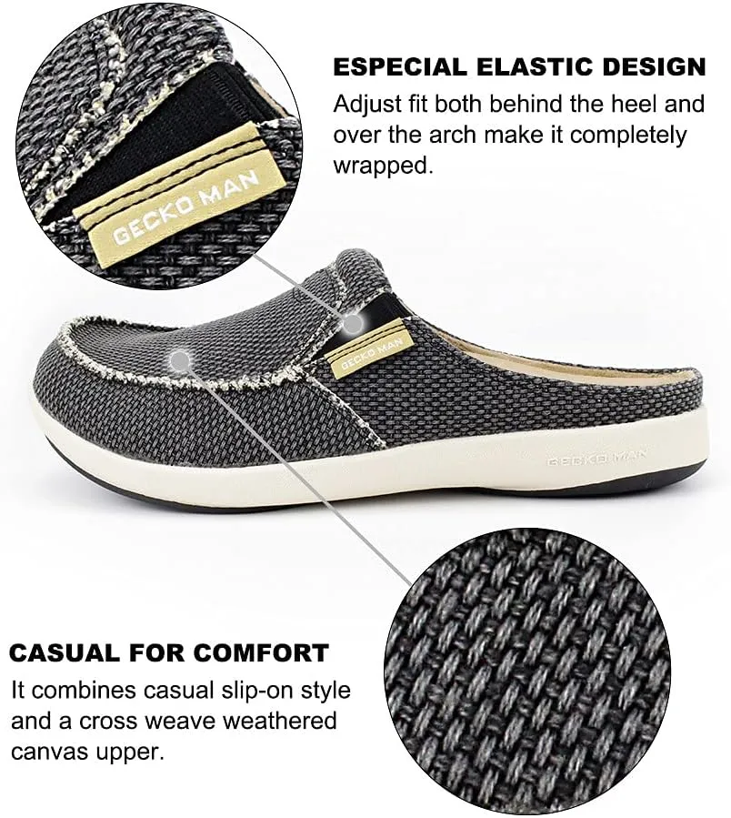 Mens Slippers with Arch Support, Canvas House Slipper for Men with Velvet Lining, Slip On Clog, Indoor Outdoor House Shoes with Anti-Skid Rubber Sole