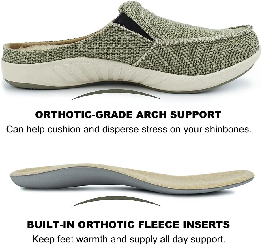 Mens Slippers with Arch Support, Canvas House Slipper for Men with Velvet Lining, Slip On Clog, Indoor Outdoor House Shoes with Anti-Skid Rubber Sole