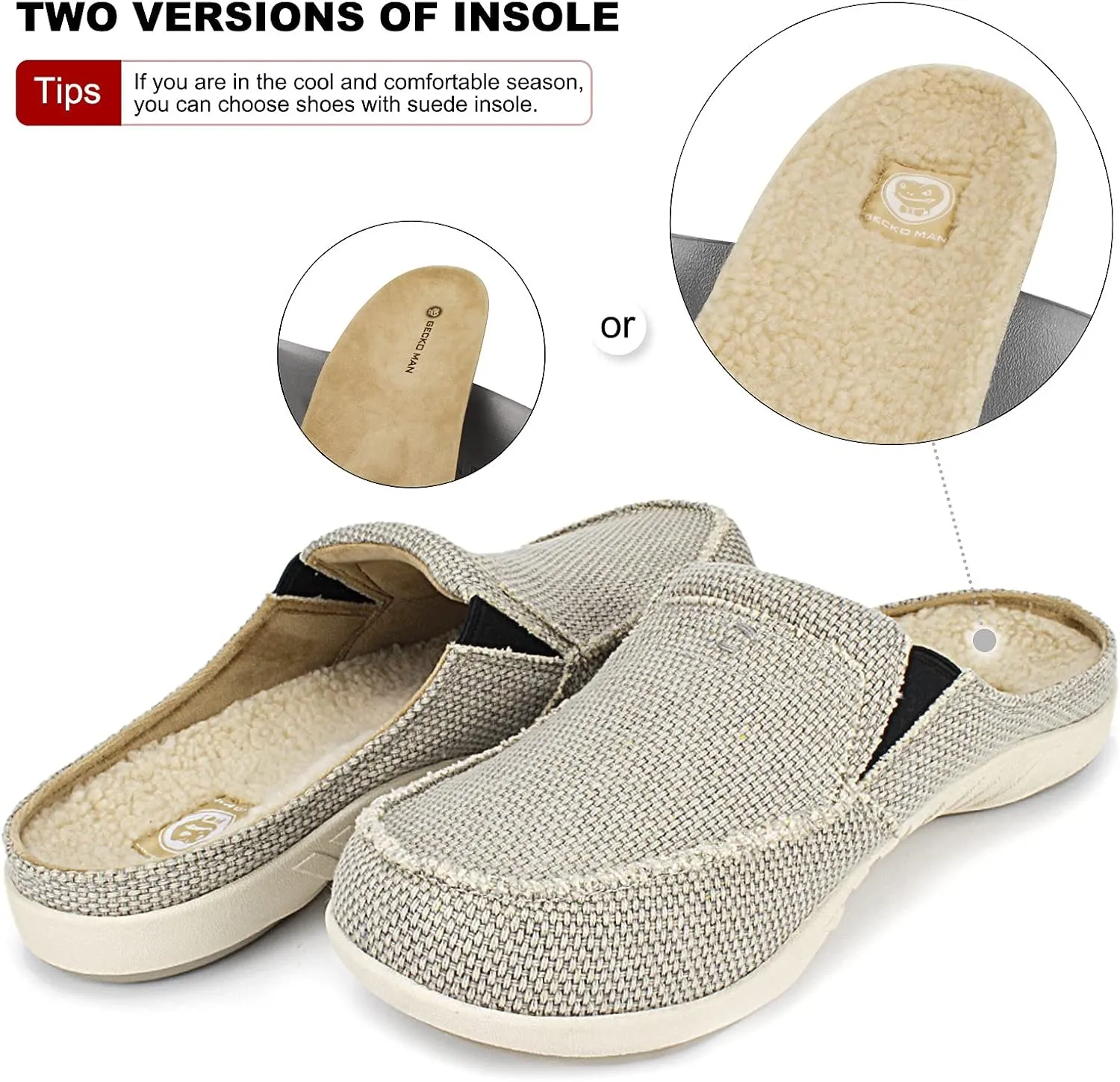 Mens Slippers with Arch Support, Canvas House Slipper for Men with Velvet Lining, Slip On Clog, Indoor Outdoor House Shoes with Anti-Skid Rubber Sole