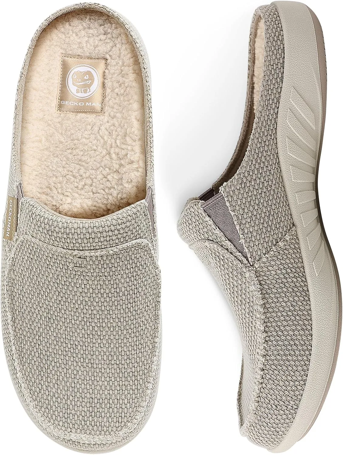 Mens Slippers with Arch Support, Canvas House Slipper for Men with Velvet Lining, Slip On Clog, Indoor Outdoor House Shoes with Anti-Skid Rubber Sole