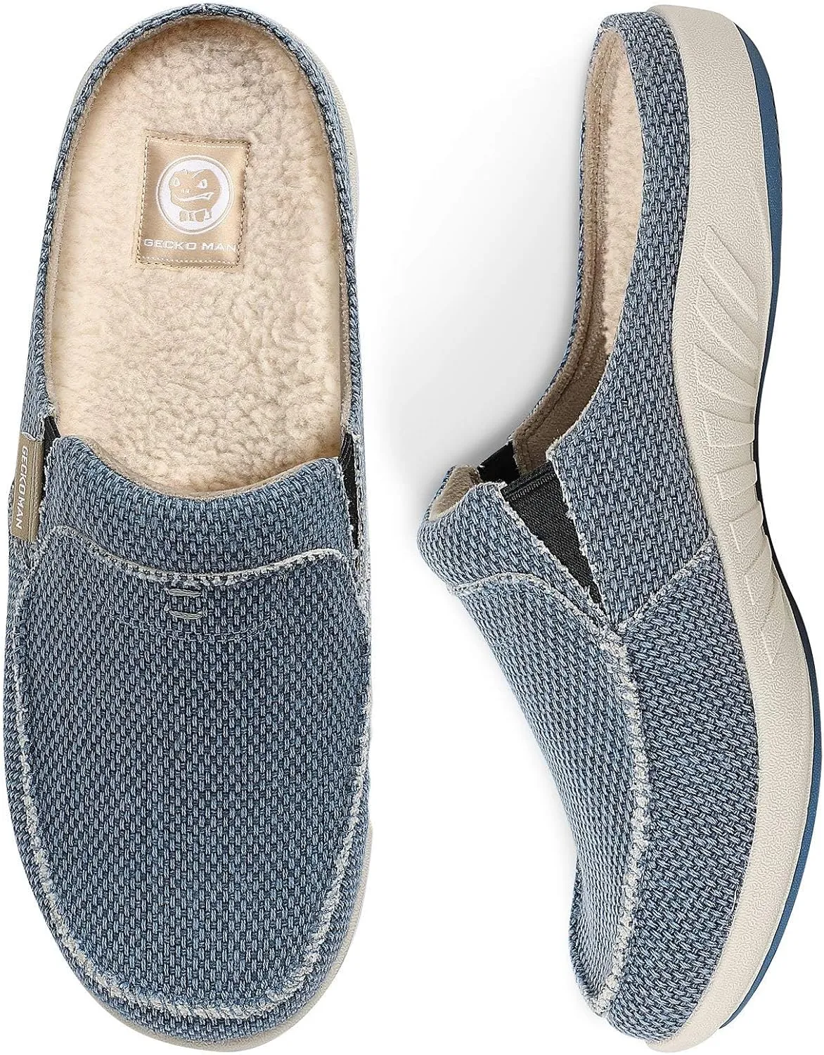 Mens Slippers with Arch Support, Canvas House Slipper for Men with Velvet Lining, Slip On Clog, Indoor Outdoor House Shoes with Anti-Skid Rubber Sole