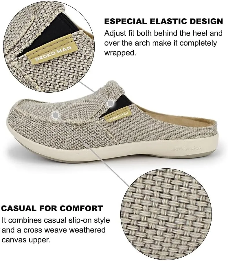 Mens Slippers with Arch Support, Canvas House Slipper for Men with Velvet Lining, Slip On Clog, Indoor Outdoor House Shoes with Anti-Skid Rubber Sole