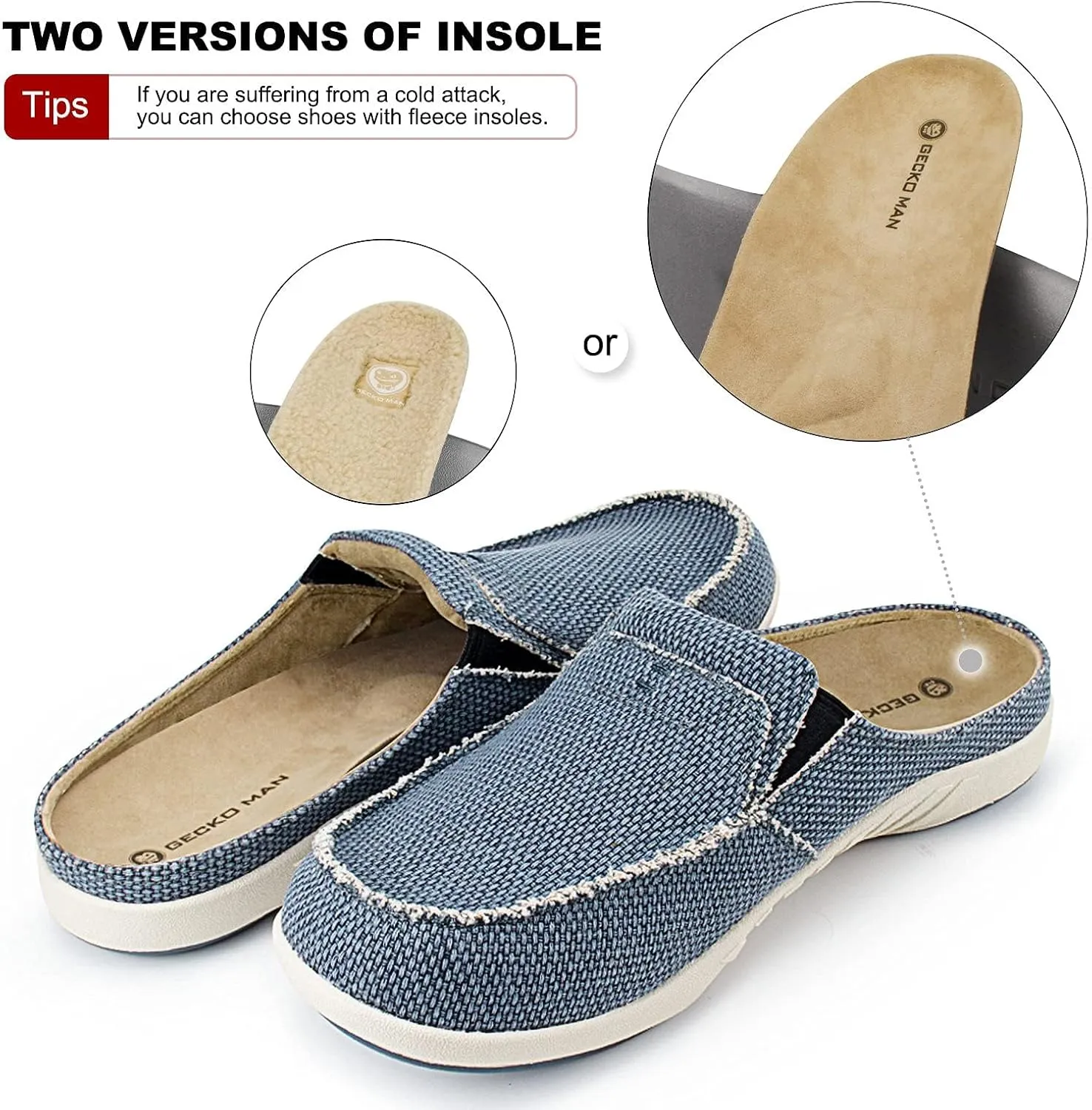 Mens Slippers with Arch Support, Canvas House Slipper for Men with Velvet Lining, Slip On Clog, Indoor Outdoor House Shoes with Anti-Skid Rubber Sole