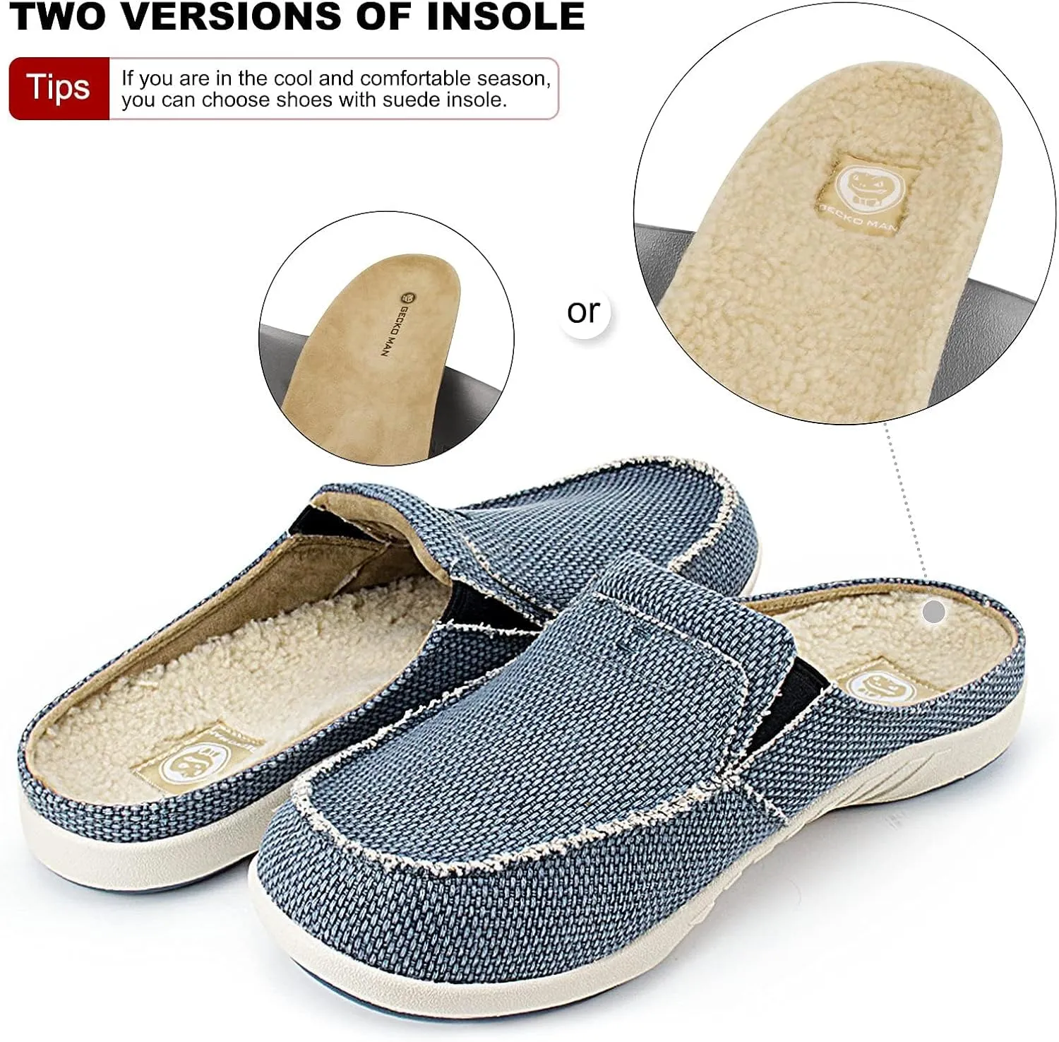 Mens Slippers with Arch Support, Canvas House Slipper for Men with Velvet Lining, Slip On Clog, Indoor Outdoor House Shoes with Anti-Skid Rubber Sole