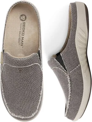 Mens Slippers with Arch Support, Canvas House Slipper for Men with Velvet Lining, Slip On Clog, Indoor Outdoor House Shoes with Anti-Skid Rubber Sole