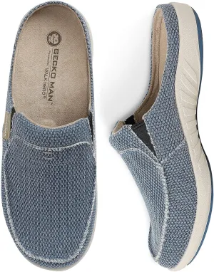 Mens Slippers with Arch Support, Canvas House Slipper for Men with Velvet Lining, Slip On Clog, Indoor Outdoor House Shoes with Anti-Skid Rubber Sole