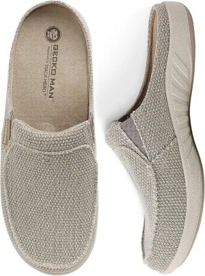 Mens Slippers with Arch Support, Canvas House Slipper for Men with Velvet Lining, Slip On Clog, Indoor Outdoor House Shoes with Anti-Skid Rubber Sole