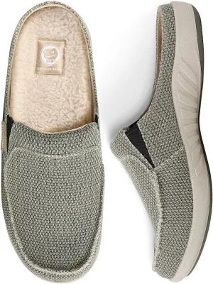 Mens Slippers with Arch Support, Canvas House Slipper for Men with Velvet Lining, Slip On Clog, Indoor Outdoor House Shoes with Anti-Skid Rubber Sole