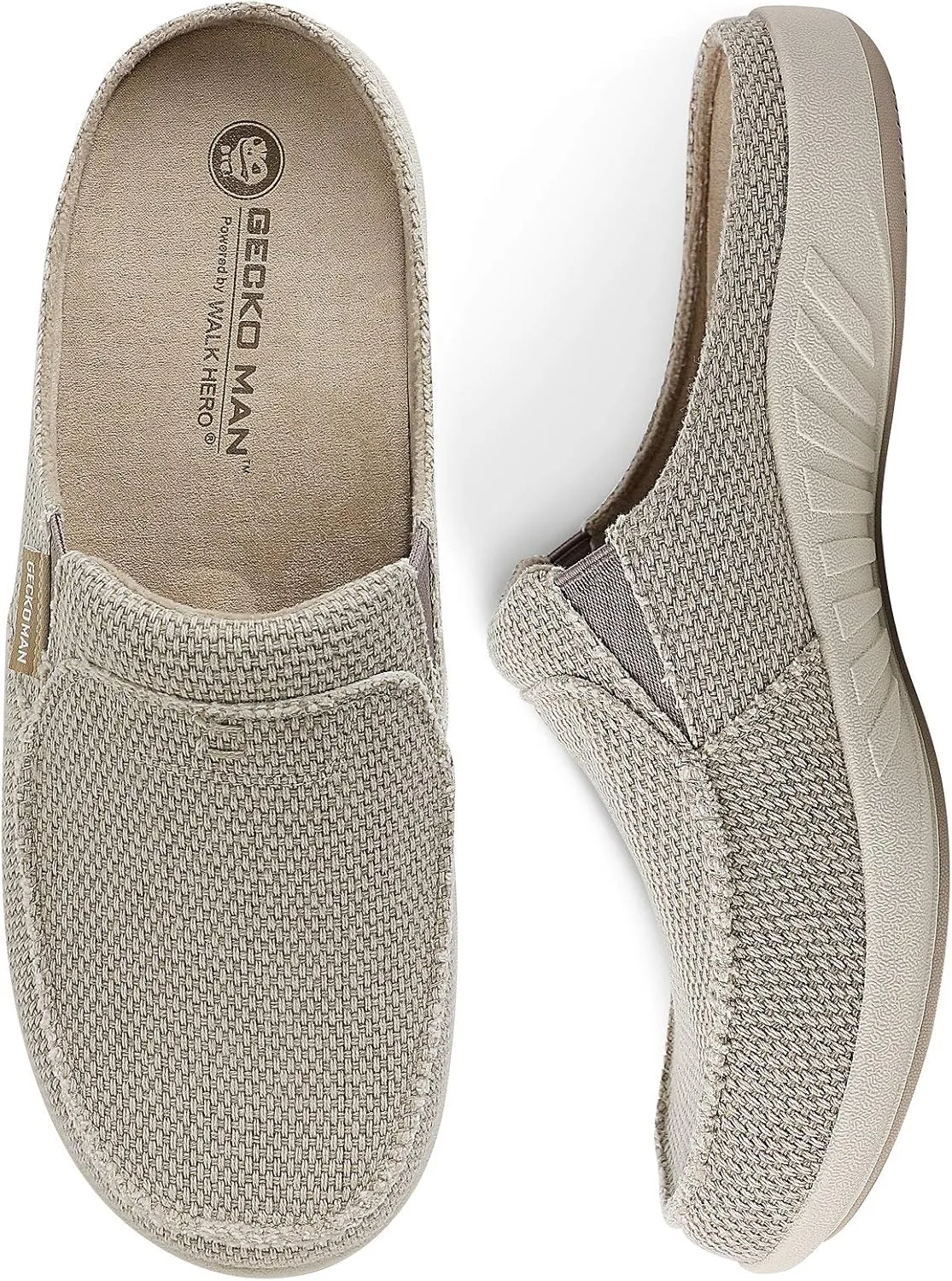 Mens Slippers with Arch Support, Canvas House Slipper for Men with Velvet Lining, Slip On Clog, Indoor Outdoor House Shoes with Anti-Skid Rubber Sole
