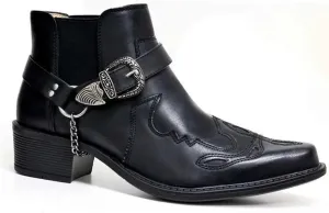 Men's Vintage Pointed Toe Cowboy Boots Fashion Western Personality Belt Buckle Thick Heel Slip-On Bootie