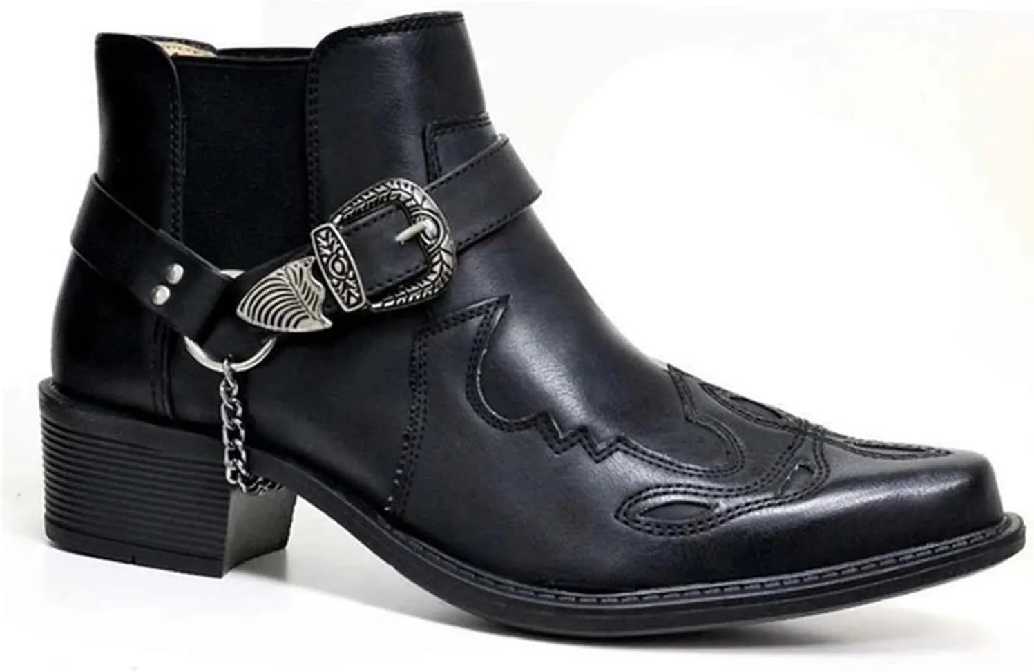 Men's Vintage Pointed Toe Cowboy Boots Fashion Western Personality Belt Buckle Thick Heel Slip-On Bootie