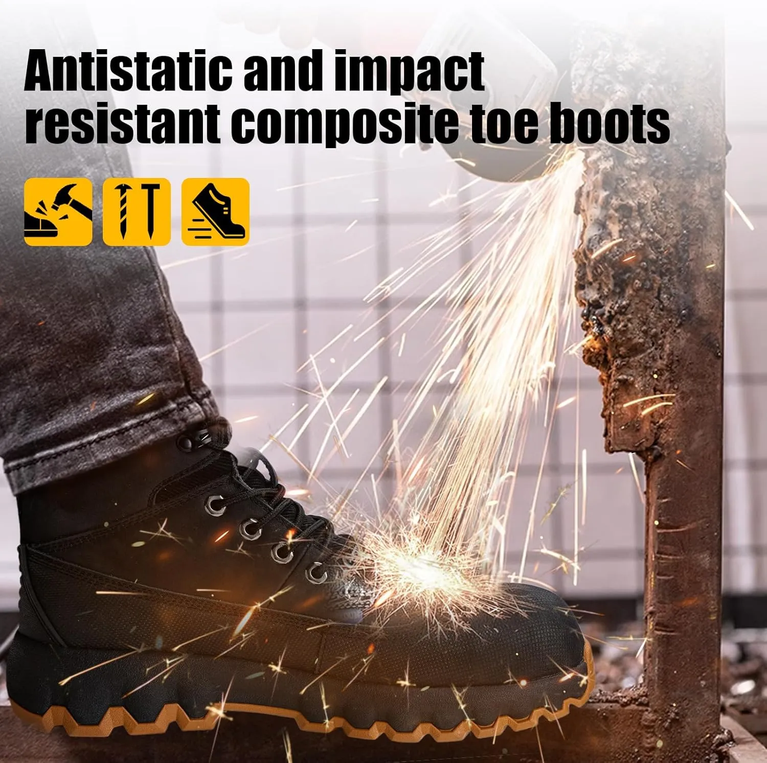 Mens work boots Composite Toe Boots for Men Genuine Leather Rubber Sole No Slip Waterproof Shoes Industrial & Construction Safety boots