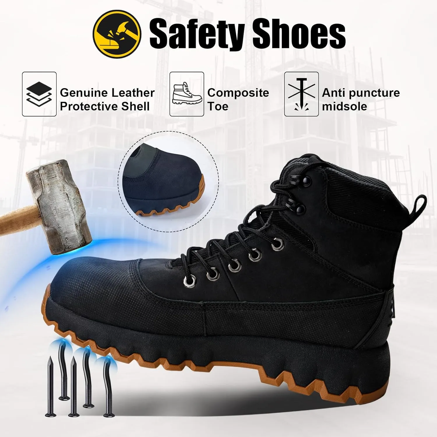 Mens work boots Composite Toe Boots for Men Genuine Leather Rubber Sole No Slip Waterproof Shoes Industrial & Construction Safety boots
