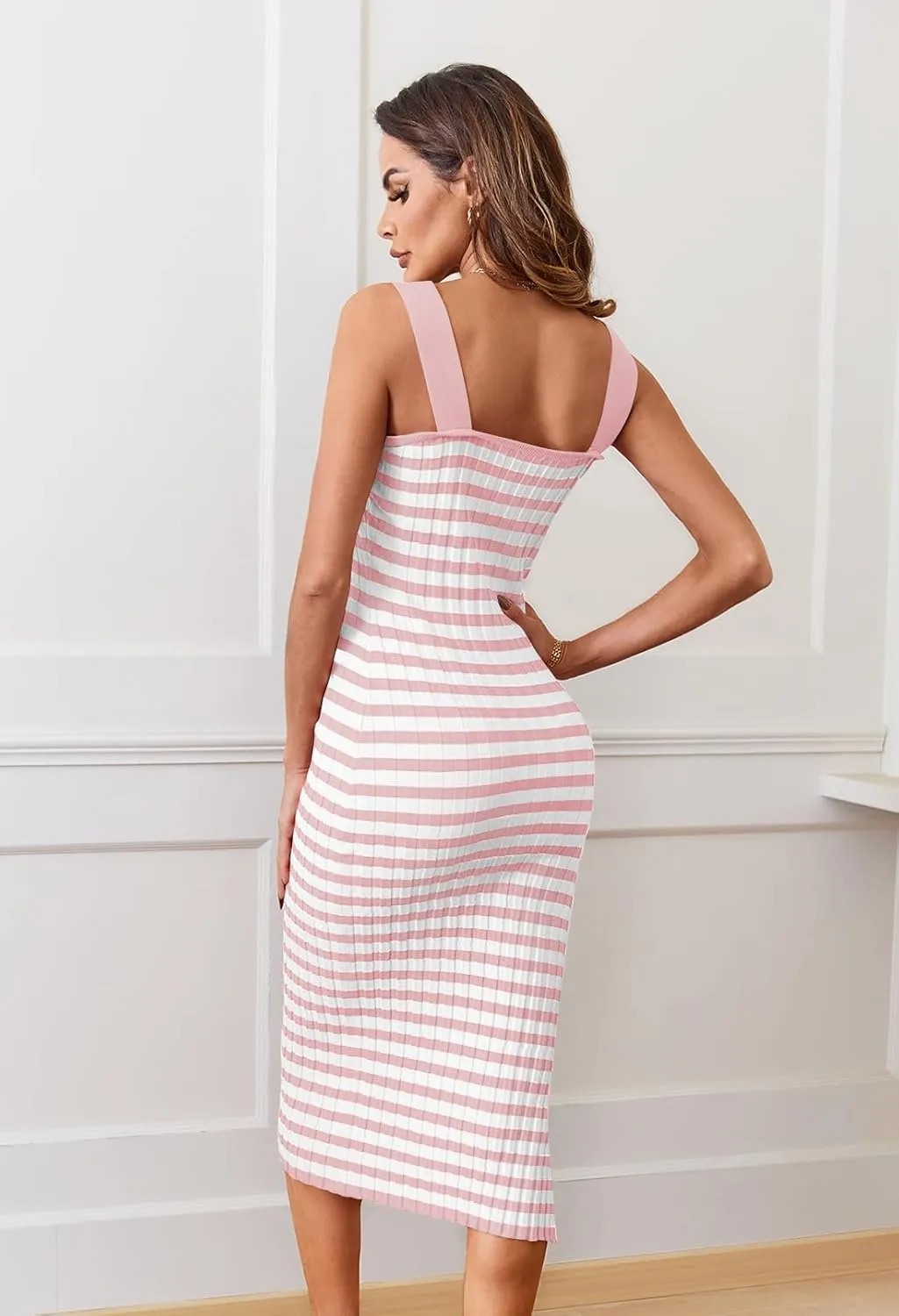 MEROKEETY Women's 2025 Summer Spring Bodycon Midi Dress Vacation Sleeveless Ribbed Knit Striped Party Sweater Dresses