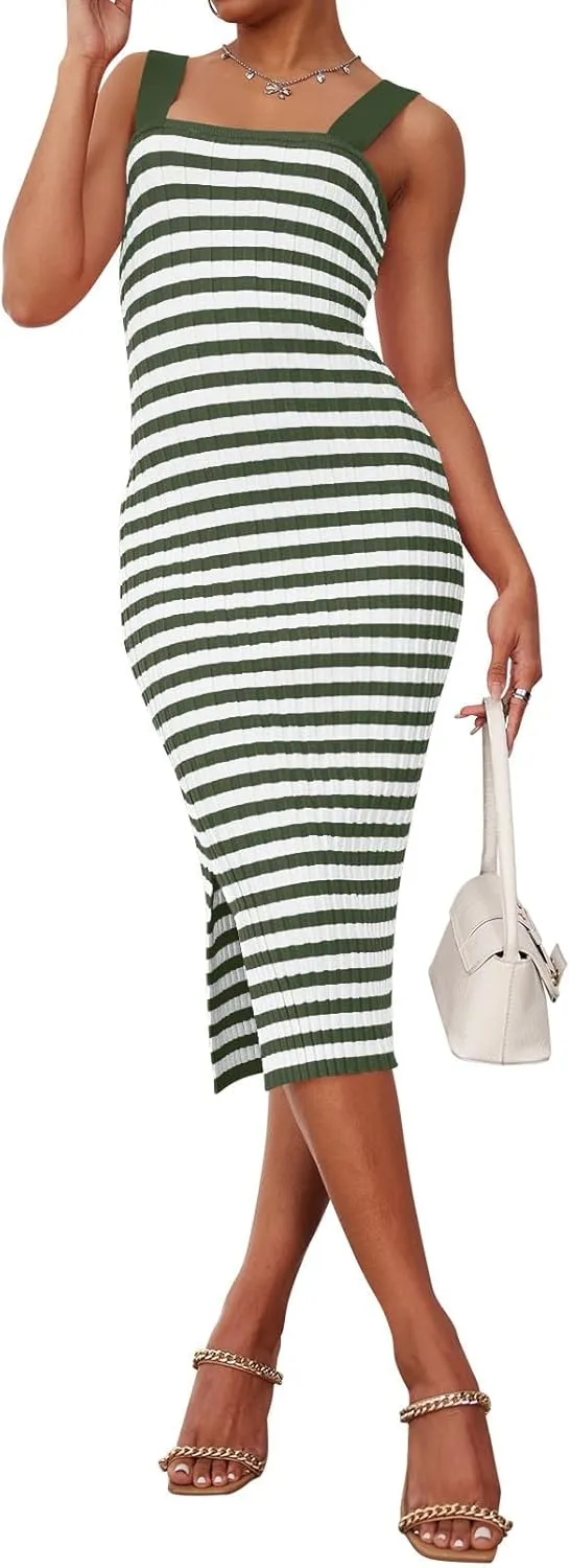 MEROKEETY Women's 2025 Summer Spring Bodycon Midi Dress Vacation Sleeveless Ribbed Knit Striped Party Sweater Dresses