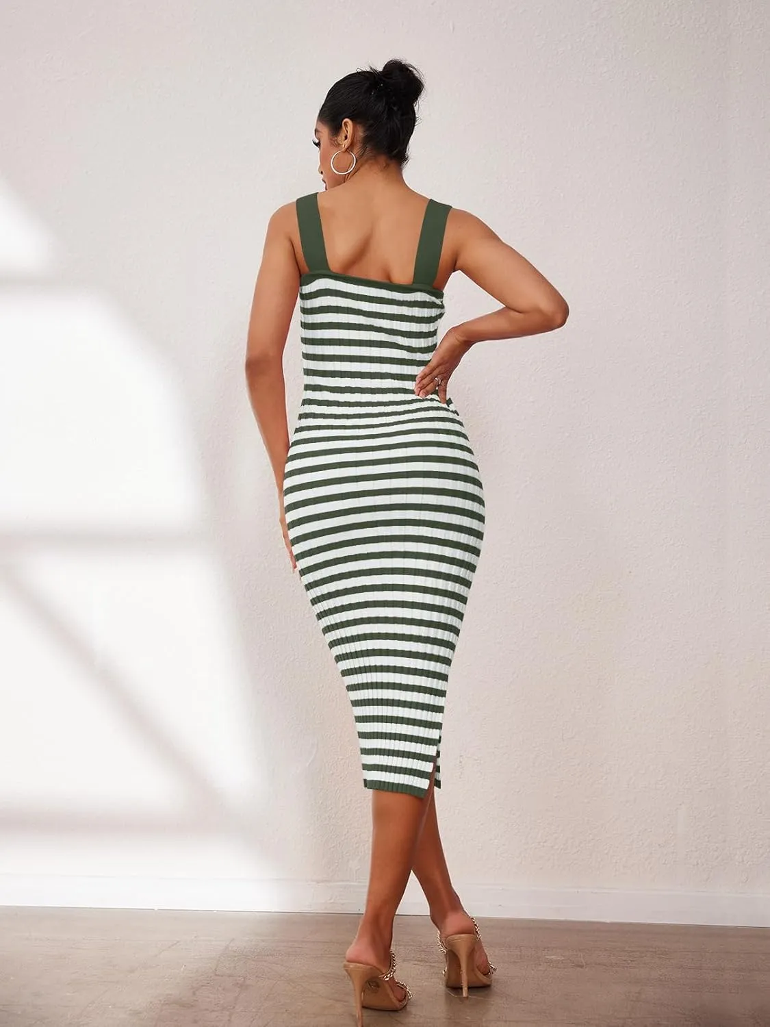 MEROKEETY Women's 2025 Summer Spring Bodycon Midi Dress Vacation Sleeveless Ribbed Knit Striped Party Sweater Dresses