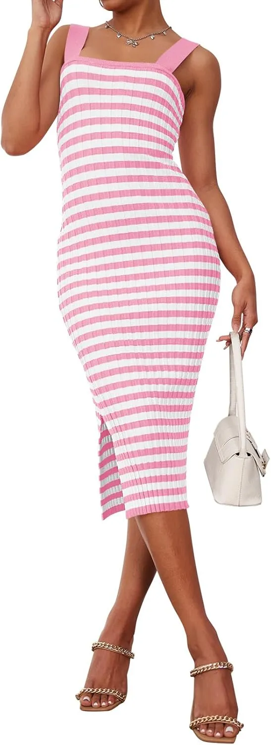 MEROKEETY Women's 2025 Summer Spring Bodycon Midi Dress Vacation Sleeveless Ribbed Knit Striped Party Sweater Dresses