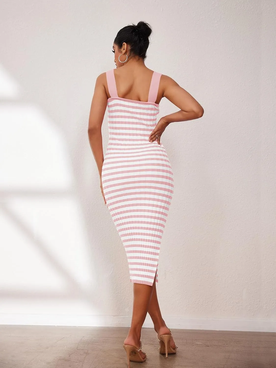MEROKEETY Women's 2025 Summer Spring Bodycon Midi Dress Vacation Sleeveless Ribbed Knit Striped Party Sweater Dresses