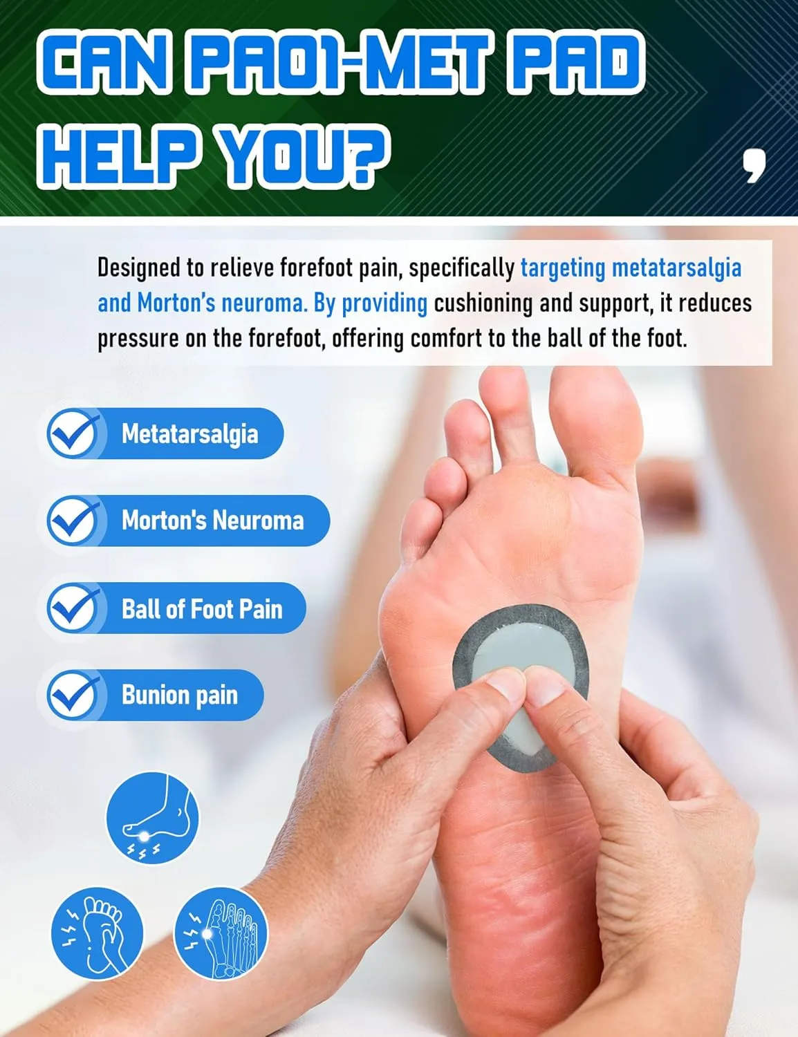 Metatarsal Pads for Women, Ball of Foot Cushions for Pain Relief, Comfortable Forefoot Support for Metatarsalgia and Morton's Neuroma, 1/3 Inch Thick Self-Adhesive Foot Pads, 3 Pairs M