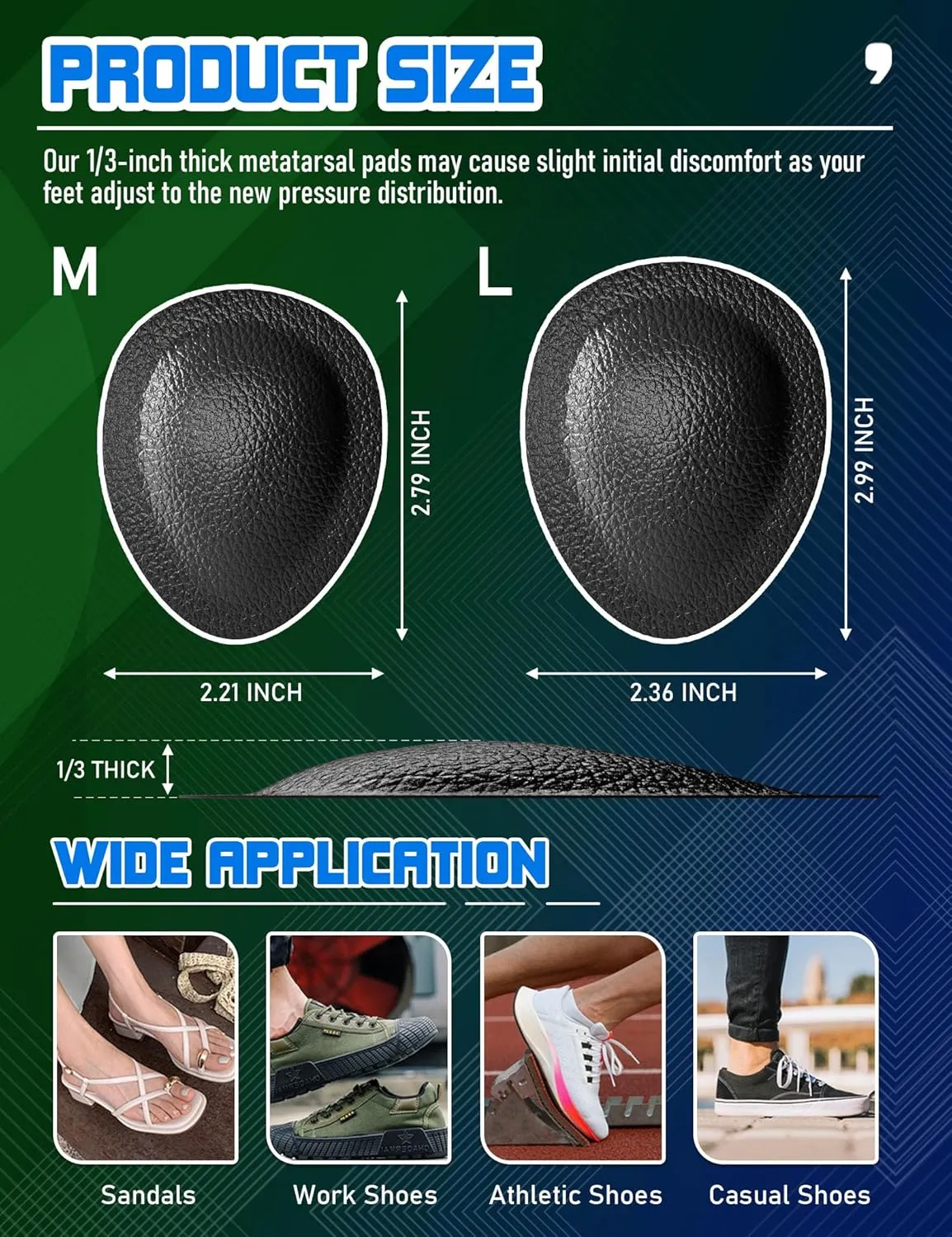 Metatarsal Pads for Women, Ball of Foot Cushions for Pain Relief, Comfortable Forefoot Support for Metatarsalgia and Morton's Neuroma, 1/3 Inch Thick Self-Adhesive Foot Pads, 3 Pairs M