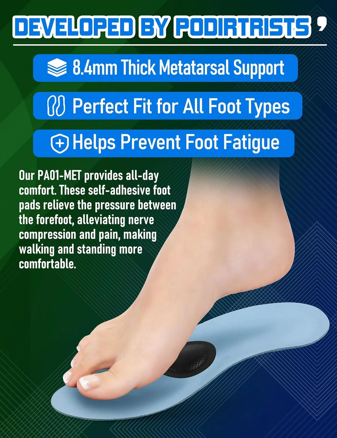 Metatarsal Pads for Women, Ball of Foot Cushions for Pain Relief, Comfortable Forefoot Support for Metatarsalgia and Morton's Neuroma, 1/3 Inch Thick Self-Adhesive Foot Pads, 3 Pairs M