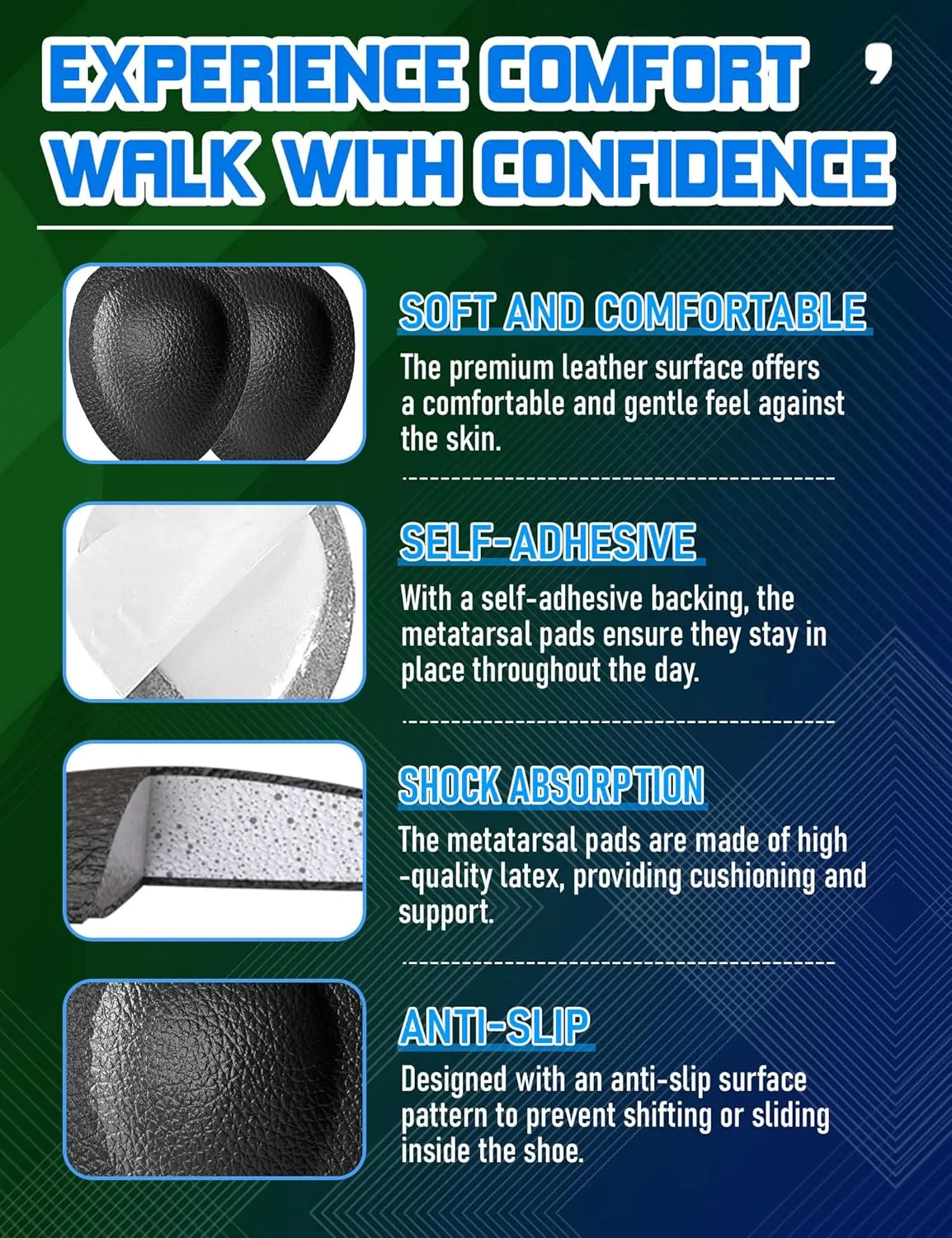Metatarsal Pads for Women, Ball of Foot Cushions for Pain Relief, Comfortable Forefoot Support for Metatarsalgia and Morton's Neuroma, 1/3 Inch Thick Self-Adhesive Foot Pads, 3 Pairs M