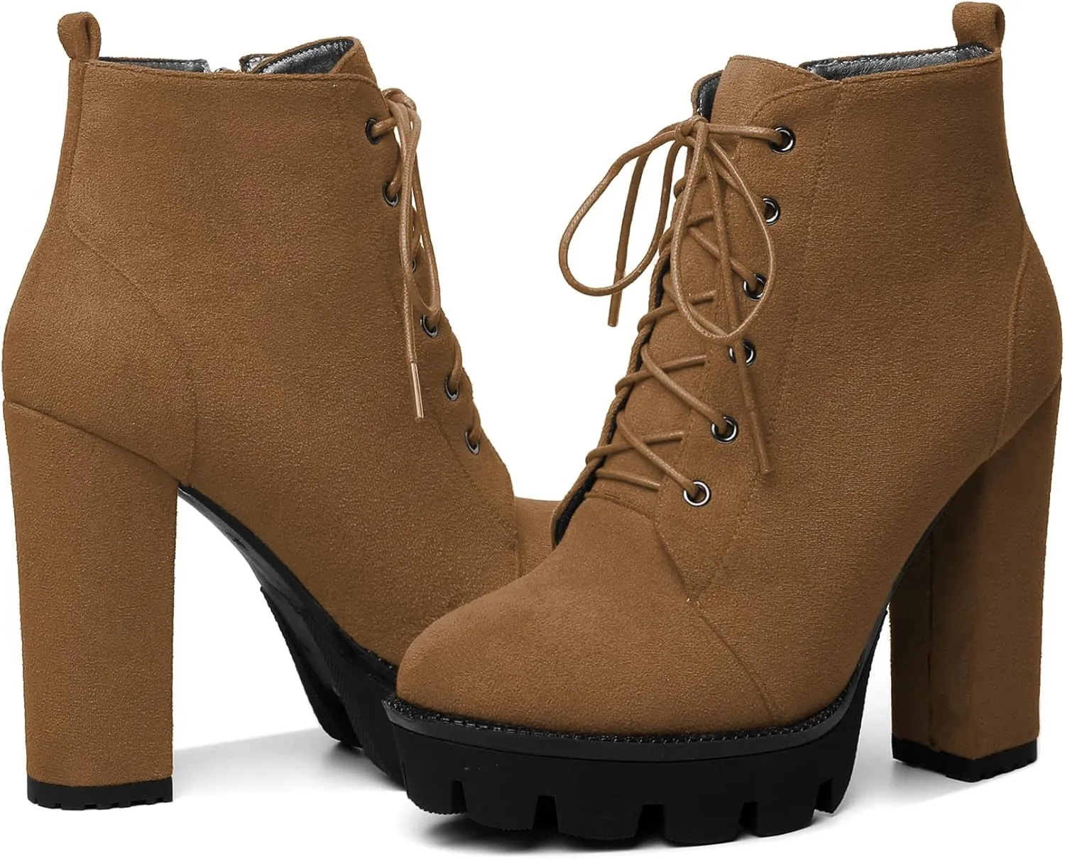 Mettesally Womens Platform Lace Up Ankle Boots Round Toe Chunky Block High Heels Side Zipper Short Boots Office Winter Shoes