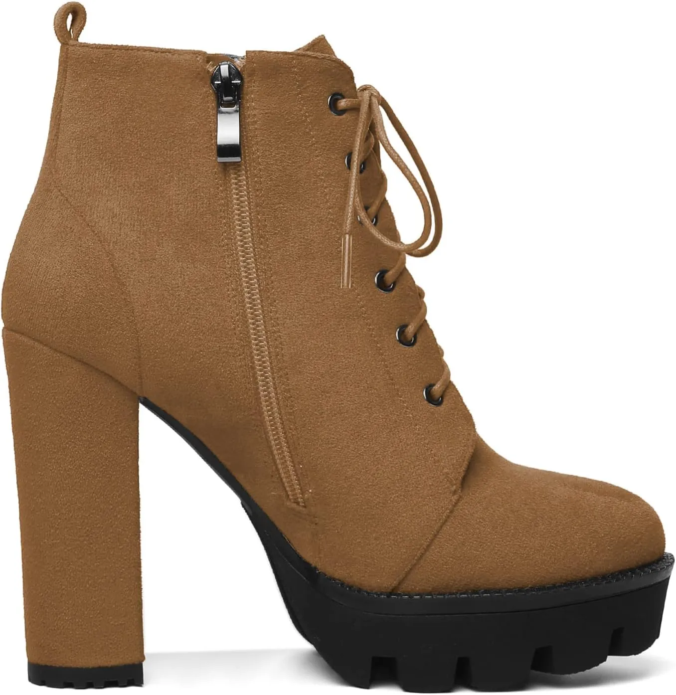 Mettesally Womens Platform Lace Up Ankle Boots Round Toe Chunky Block High Heels Side Zipper Short Boots Office Winter Shoes