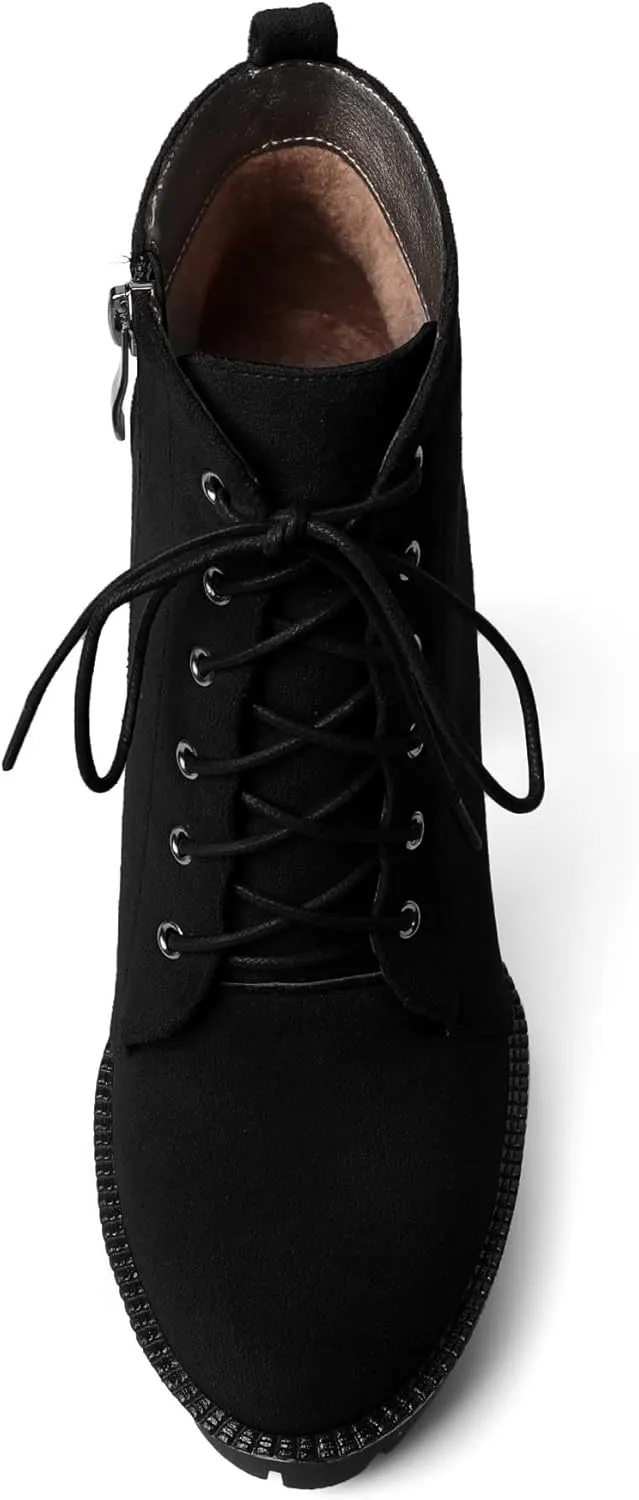 Mettesally Womens Platform Lace Up Ankle Boots Round Toe Chunky Block High Heels Side Zipper Short Boots Office Winter Shoes