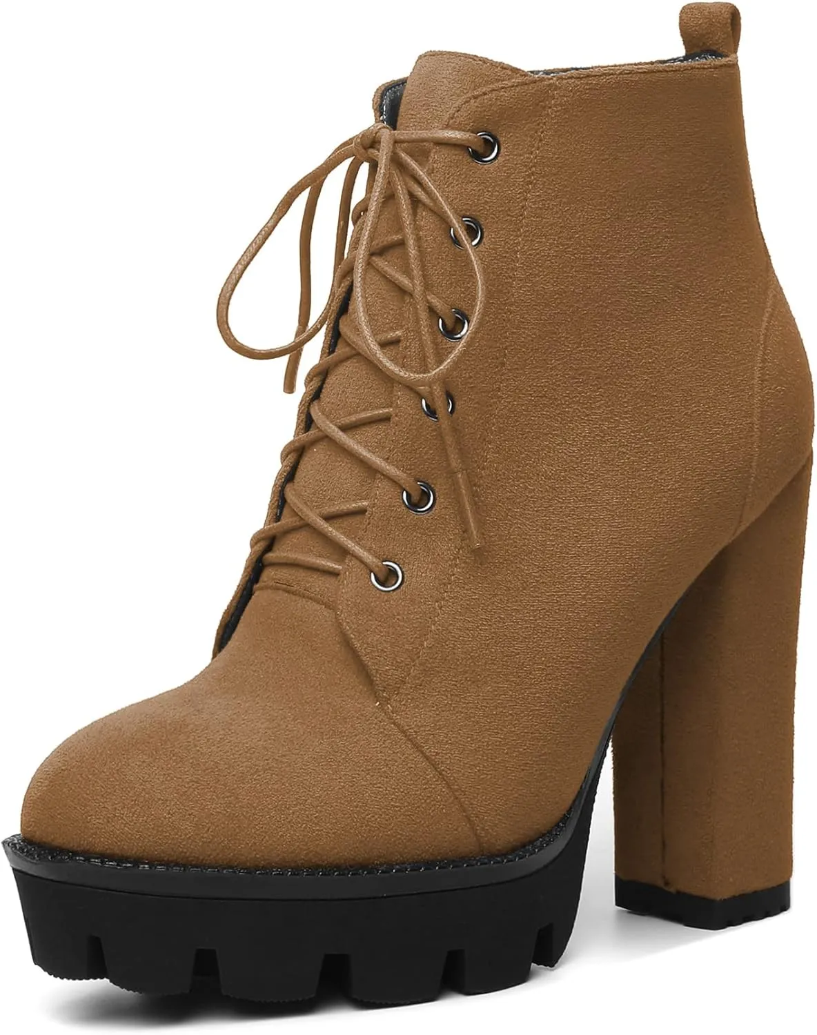 Mettesally Womens Platform Lace Up Ankle Boots Round Toe Chunky Block High Heels Side Zipper Short Boots Office Winter Shoes