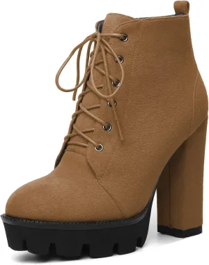 Mettesally Womens Platform Lace Up Ankle Boots Round Toe Chunky Block High Heels Side Zipper Short Boots Office Winter Shoes