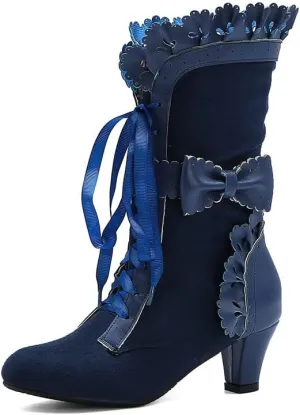 MFairy Women Sweet Bow Boots Mid-Calf Thick Heel Victorian Boots