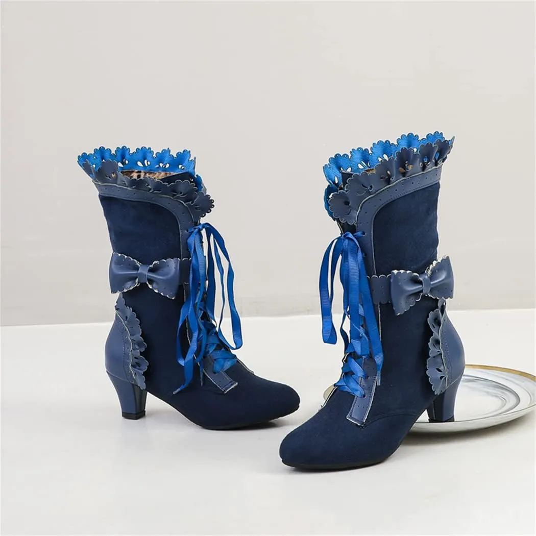 MFairy Women Sweet Bow Boots Mid-Calf Thick Heel Victorian Boots