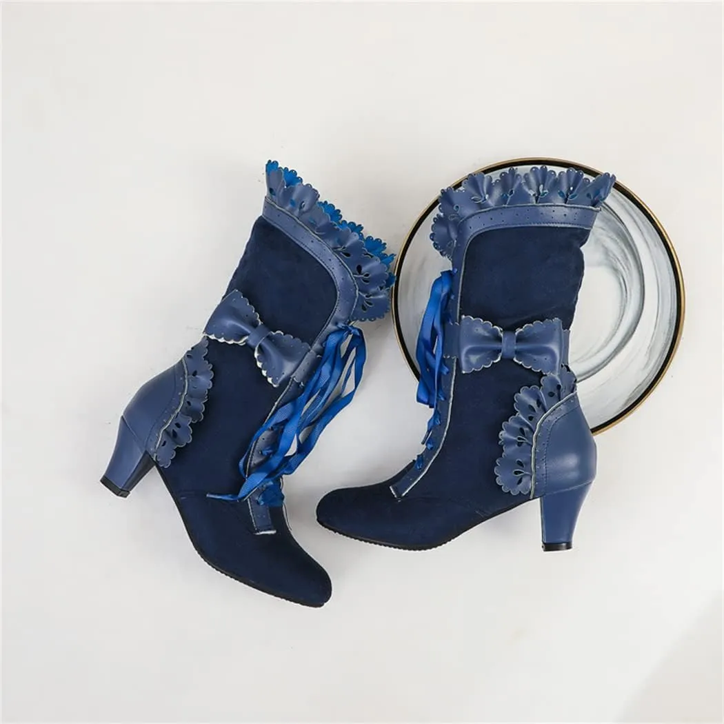 MFairy Women Sweet Bow Boots Mid-Calf Thick Heel Victorian Boots