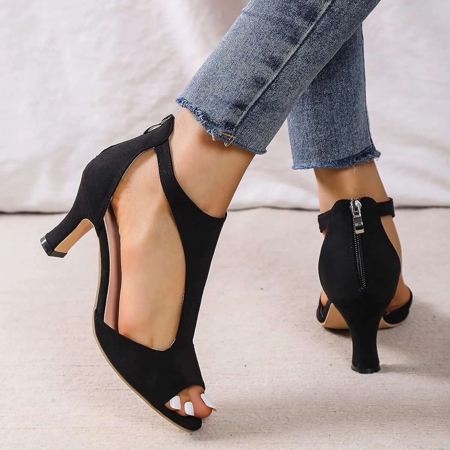 Mid Heeled Sandals for Women Summer Open Toe T Strap Pumps Sandals Black Back Zip Sandals Party Wedding Dress Shoes